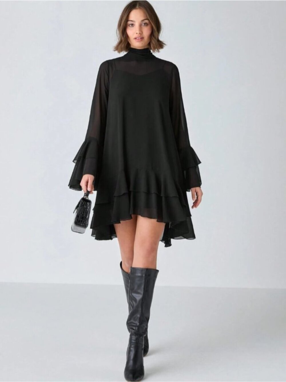 Black Chiffon Tiered Ruffle Mini Dress | High Neck Back-Tie | Bell Sleeve Shift
